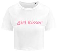 Girl Kisser Ladies Cropped Printed T-Shirt Funny Slogan Cute LGBTQ+ Gay Lesbian Bisexual Queer Pride Y2K Baby Tee (UK, Numeric, 8, Regular, Regular, White)