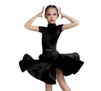 Girl Latin Dance Dress Ballroom Dance Competition Kids Salsa Tango Skirt Velvet Practice Wear Show Costumes,Black,160