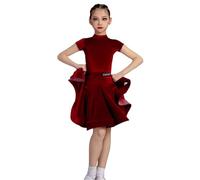 Girl Latin Dance Dress Ballroom Dance Competition Kids Salsa Tango Skirt Velvet Practice Wear Show Costumes,Wine red,160