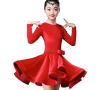 Girl Latin Dance Dress Mordern Ballroom Dancing Dresses for Kids Salsa Tango Skirt Girl Velvet Practice Wear Competition Dance Pratice Costumes(Red,110)