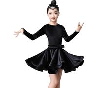 Girl Latin Dance Dress Mordern Ballroom Dancing Dresses for Kids Salsa Tango Skirt Girl Velvet Practice Wear Competition Dance Pratice Costumes(Black,170)