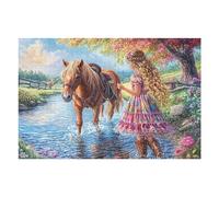 Girl Leading Horse Through River 1000 Piece Complete DIY Jigsaw Puzzle Collectors Mind Relaxation Educational Decorative Puzzle Gifts for Adults Sturdy Thick Cardboard 1000 PCS