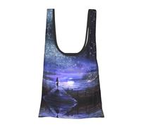 Girl Looking at Stars Print Reusable, Foldable,Washable Grocery Bags Foldable in A Pouch Eco Tote Shopping Bag,Daily Shopping Loading