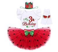 Girl My 3rd Birthday Cake Smash Outfit Watermelon Flutter Sleeve T-shirt Top Princess Tutu Tulle Skirt Leg Warmers Mini Crown Headband 4pcs Set 3 Years Old Party Photo Shooting Red - My 3rd Birthday