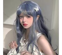 Girl Natural Wavy Curls Long Curly Hair Wig with Bangs for Women (Blue)