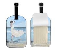 Girl On A Windy Beach Print Leather Luggage Travel Bag Tags Neast Luggage Tag Holder Name Id Labels Set for Men Women, 1 Pack