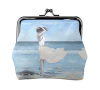 Girl On A Windy Beach Women's Leather Kiss-Lock Coin Purse,Double-Sided Full Print Pattern,Ultra-Fine Fiber Leather,Small Clutch Wallet for Cash,Cards,Coins