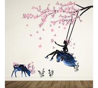 Girl on Tree Swing & Moose Silhouette Wall Art Stickers with Pink Butterflies Decorative Removable DIY Vinyl Wall Decals Living Room, Bedroom Mural