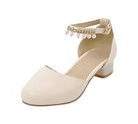 Girl Owl Slippers Pumps Low Heels Flower Party High School Prom Sandals Grils Dress Shoes (Beige, 4 Big Kids)