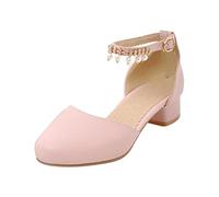 Girl Owl Slippers Pumps Low Heels Flower Party High School Prom Sandals Grils Dress Shoes (Pink, 4.5 Big Kids)