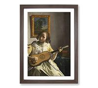 Girl Playing Instrument by Johannes Vermeer Framed Print | A2 Walnut Framed Wall Art | Ready to Hang | Modern Historical Picture | Living Room Bedroom Lounge Office