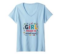 Girl Power in Second Grade Inspirational School Fun V-Neck T-Shirt, Women, Baby Blue, L