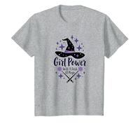 Girl Power with A Dash of Magic Witch Hat Wands T-Shirt, Kids, Heather Grey, 6 Years