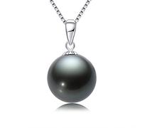 Girl Products 18K Gold Black Pearl Necklace 10-11mm Genuine Tahitian Cultured Round Pearls Pendant with 18" Sterling Silver Chain - Jewelry Gifts for Mom Women Wife - White Gold Gifts