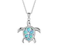 Girl Products 925 Sterling Silver Bohemia Blue Imitation Opal Turtle Necklace For Women, Cute Turtle Charm - Hawaiian Turtle Necklace, Lovely Ocean Animal Turtle Pendant, Sea Turtle Necklace