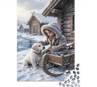Girl & Puppy 1000 Piece Jigsaw Puzzle Icy Stream Log Cabins Concentration Training Leisure Time Perfect for Family Weekend Activities 38x26cm/1000pcs