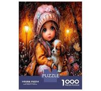 Girl Puppy Glow 1000 Pieces Jigsaw Puzzle Cozy Nocturnal Warmth Premium Jigsaw Puzzle Extra-Thick Cardboard Jigsaw Puzzle Collector Mind Relaxation Office Break Travel 38x26cm/1000pcs