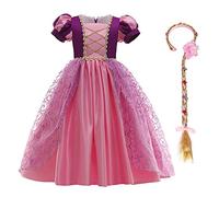 Girl Rapunzel Sofia Costume Princess Fancy Dress Up Short Sleeve Tulle Tutu Fairy Tale Long Dress with Wig 2pcs Outfit for Kids Carnival Cosplay Halloween Christmas Birthday Party Pink + Purple 6-7Y