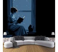 Girl Reading Printed Wallpaper, Premium Non-Woven Anime Illustration Wall Mural, Blue Photo Wallpaper, for Living Room Bedroom Home Office Wall Decoration - 250 x 175 cm