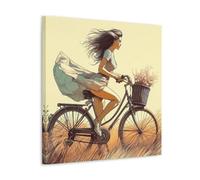 Girl Riding A Bicycle Against The Wind Canvas Print 16x16inch(40x40cm)