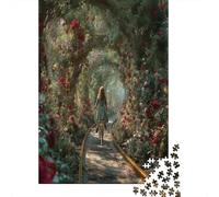 Girl Riding A Bicycle Along The Tree,Puzzles Lined Path Gemusterte Nachhaltige Puzzles Für Erwachsene Hochwertige Holzspielpuzzles 38x26cm/1000pcs