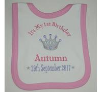 Girl’s Personalised 1st Birthday Bib (White with Pink Trim)