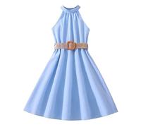 Girl Summer Off-Shoulder Dress Kids Ruffle Sleeves Elegant Strap A-Line Spaghetti Dresses for Children's Party - Casual Suspender Midi Dresses (Light Blue, 7-8 Years)