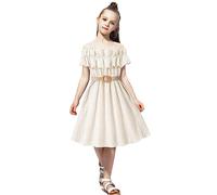 Girl Summer Off-Shoulder Dress Kids Ruffle Sleeves Elegant Strap Dress A-Line Spaghetti Dresses Kids Party Off Shoulder Dresses Casual Suspender Midi Dresses for Children 7-12Y (01-White, 10-11 Years)