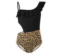 Girl Summer Solf Bathing Swimming Costume Beach Bikini Off Shoulder One Piece Swimsuit Black Leopard Print M
