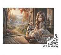 Girl & Tiger 1000 Piece Jigsaw Autumn Forest As A Gift Mental Relaxation Birthday Present Wall Decor Framed Puzzle Art for Adults 52x38cm/1000pcs