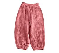 Girl Trouser Cotton Linen Elastic High Waist Harem Kids Pants Pleated Cuffed Ankles Joggers Loose Fit Lightweight 2025 Bottoms Travel Leisure Hiking & Camping Essentials 2-8Y Pink 5 Years