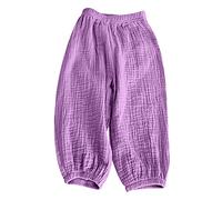 Girl Trouser Cotton Linen Elastic High Waist Harem Kids Pants Pleated Cuffed Ankles Joggers Loose Fit Lightweight 2025 Bottoms Travel Leisure Hiking & Camping Essentials 2-8Y Purple 7 Years