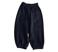 Girl Trouser Cotton Linen Elastic High Waist Harem Kids Pants Pleated Cuffed Ankles Joggers Loose Fit Lightweight 2025 Bottoms Travel Leisure Hiking & Camping Essentials 2-8Y Black 6 Years
