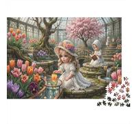 Girl & Tulips Jigsaw Puzzle for Game 1000 Pieces Victorian Greenhouse Beginners Puzzle Starters Anxiety Relief Secret Santa Gift 38x26cm/1000pcs