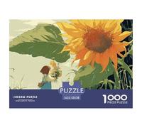 Girl Walking with Flowears 1000 Piece Sturdy Cardboard Jigsaw Puzzles Sunflowers Unique Challenging Creative Game Puzzles for Toddlers 52x38cm/1000pcs