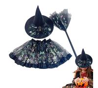 Girl Witch Hat Dress Set - Halloween Costume Outfit Tutu, Cosplay Skirt Dresses | Kids Party Dress-Up Apparel Age Two To Eight Years, Witches Hats Accessory For Girls Fancy Celebration