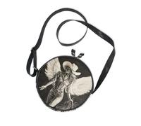Girl with Angel's Wings Round Black Crossbody Bag for Womens Beauty with Adjustable Strap Black Handbag Walk the dog Canvas Messenger Purse