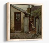 Girl with bird at the King Street bakery - Frederick McCubbin Canvas Floater Frame Square Print Picture Art - Light Oak Frame 20 inch wide x 20 inch high