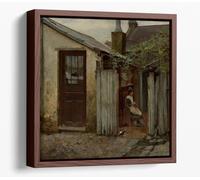 Girl with bird at the King Street bakery - Frederick McCubbin Canvas Floater Frame Square Print Picture Art - Walnut Frame 20 inch wide x 20 inch high