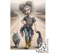 Girl with Cats Walk 1000 Piece Thick Cardboard Diy Jigsaw Puzzle Family Lovers Fun Challenge Beautiful Decoration 52x38cm/1000pcs
