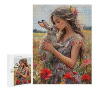 Girl with Rabbit in Flower Field Puzzle 1000 Teile Schwer Puzzle Spielzeug Lernspiel Impossible Herausforderungsspielzeug Für Erwachsene Kinder 500 PCS