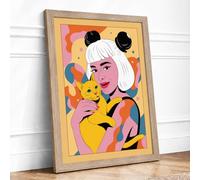 Girl with Yellow Cat Framed Wall Art Print A3 Oak | Ready to Hang, Premium Gi Paper, Fade-Resistant Inks, Securely Packaged, UK Made