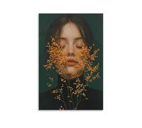 Girl with Yellow Flowers Canvas Wall Art Soft Portrait Poster with Floral Aesthetic And Dark Green Backdrop for Bedroom Studio Dorm Room Modern Feminine Decor Gift 20x30inch(50x75cm) Unframed