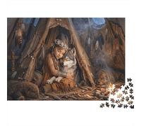Girl & Wolf 1000 Piece Cardboard Jigsaw Puzzle Campfire Teepee for Adult Stress Relief Seekers Home Entertainment Unique Pattern 52x38cm/1000pcs