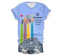 Girl Women Summer Casual Tops Cute Letter Print T-Shirt Retro Hippie Imagine All The People Living Life in Peace Graphic Shirts Tee Round O Crew Neck Short Sleeve Tshirts Light Blue