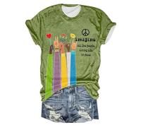 Girl Women Summer Casual Tops Cute Letter Print T-Shirt Retro Hippie Imagine All The People Living Life in Peace Graphic Shirts Tee Round O Crew Neck Short Sleeve Tshirts Green