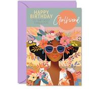 Girlfriend Birthday Card - Fabulous Floral Afro Queen Design - Tropical Flowers - Stylish Colourful Greeting for Girlfriend - 5x7 Inches with Envelope - Modern Card for Her