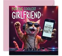 Girlfriend Birthday Card - Party DJ Cat - Happy Birthday Card for Girlfriend from Boyfriend Partner, 145mm deejay cat Bday Greeting Cards