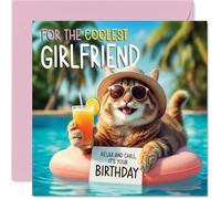 Girlfriend Birthday Card - Pool Cat - Happy Birthday Card for Girlfriend from Boyfriend Partner, 145mm pool cat Bday Greeting Cards