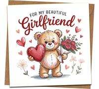 Girlfriend Greeting Card - Cute Teddy with Heart & Roses - 'For My Beautiful Girlfriend' - 145mm x 145mm Square Card with Kraft Envelope - Romantic Birthday, Anniversary, Valentine’s Day